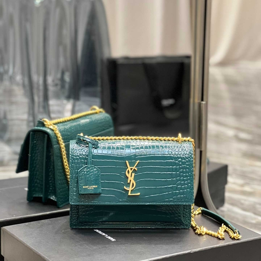 Alternative view of Saint Laurent Sunset Medium Chain Bag In Crocodile-Embossed Shiny Mint 22Cm 442906DND0J3144