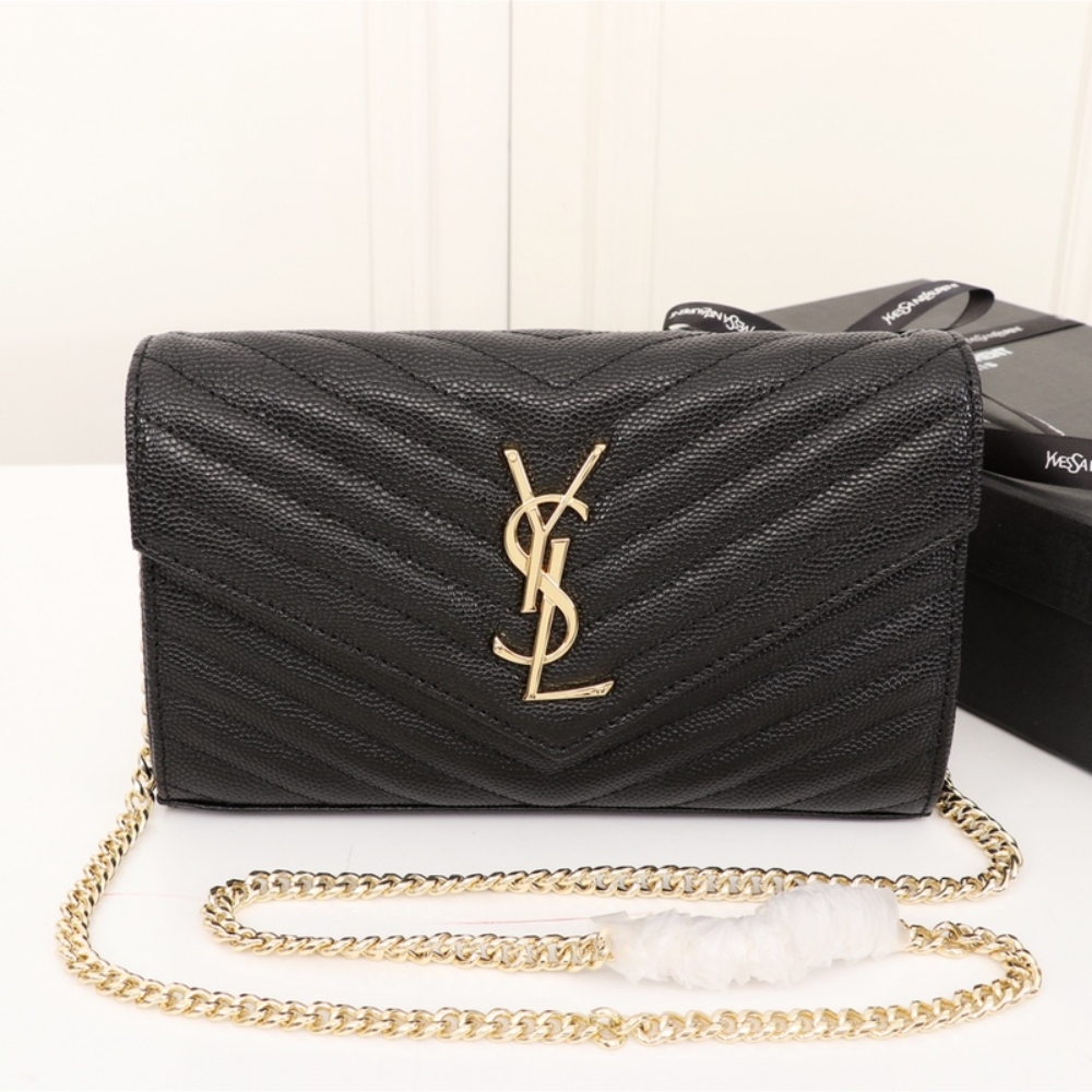 Alternative view of Saint Laurent Cassandre Matelassé Chain Wallet In Grain De Poudre Embossed Black Gold 22Cm 377828BOW011000