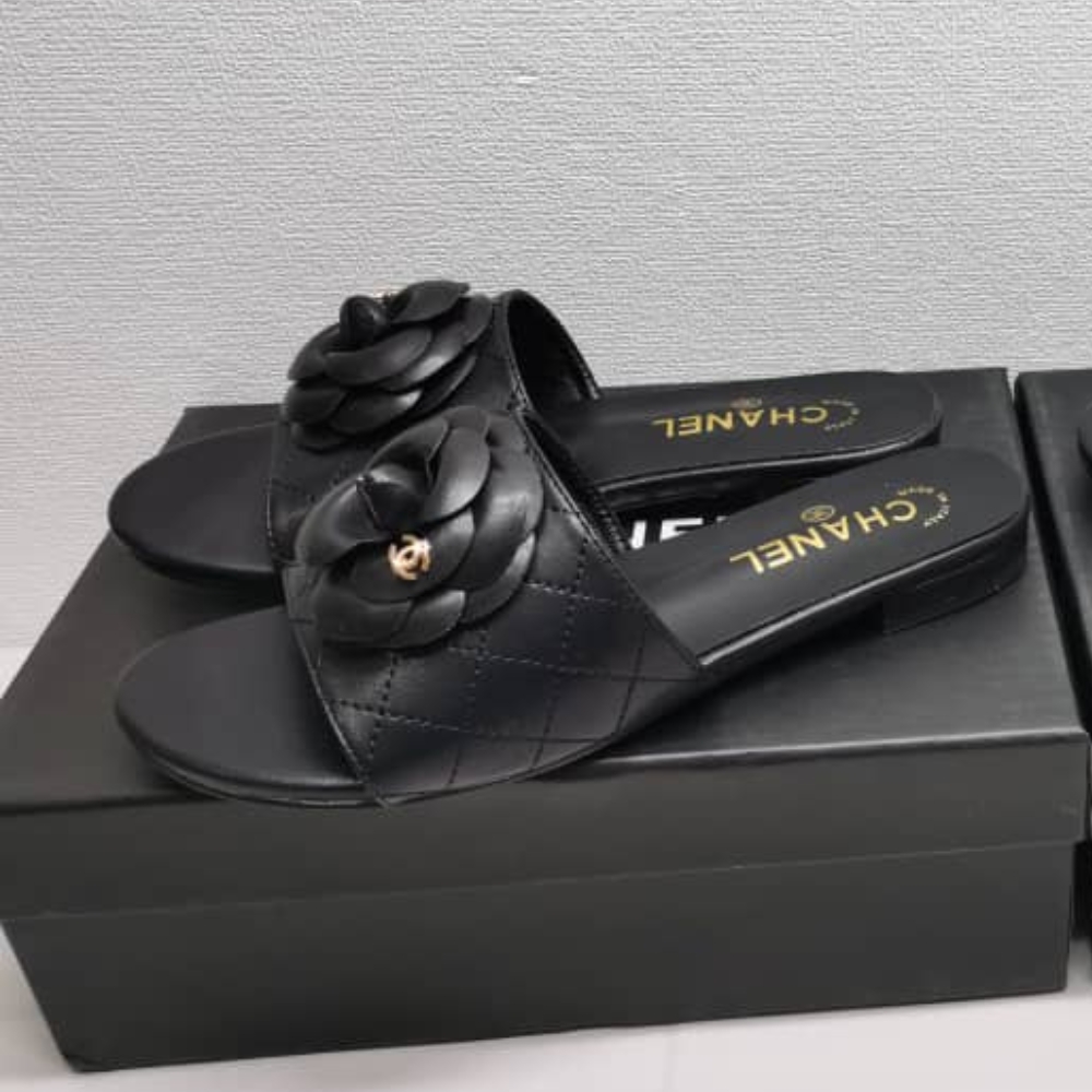 Alternative view of Chanel Camellia Leather Slides Black