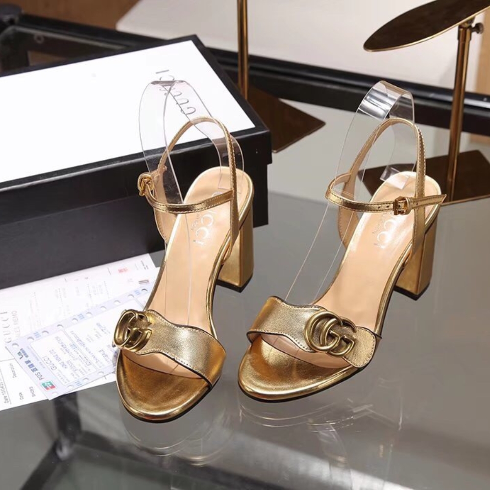 Alternative view of Gucci Gold Metallic Laminate Leather Mid Heel Sandal 453379