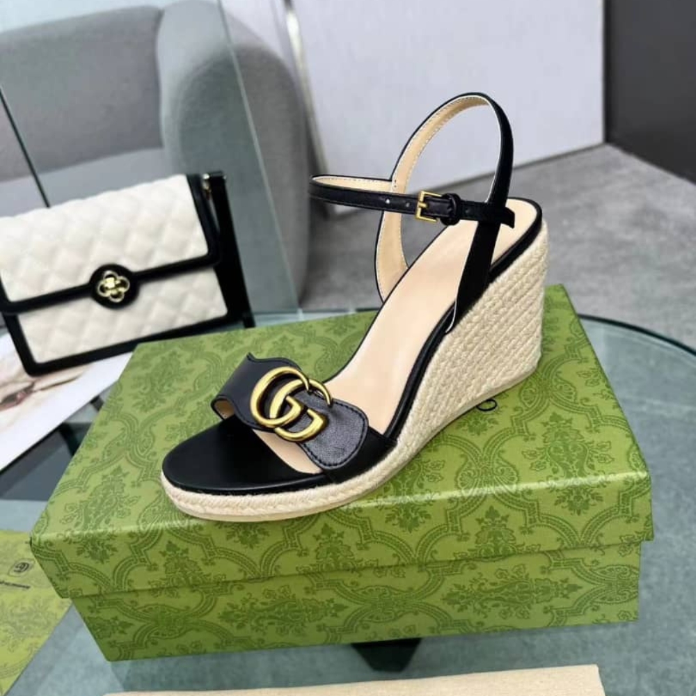 Alternative view of Gucci Leather Wedge Espadrille Sandals Black 8Cm