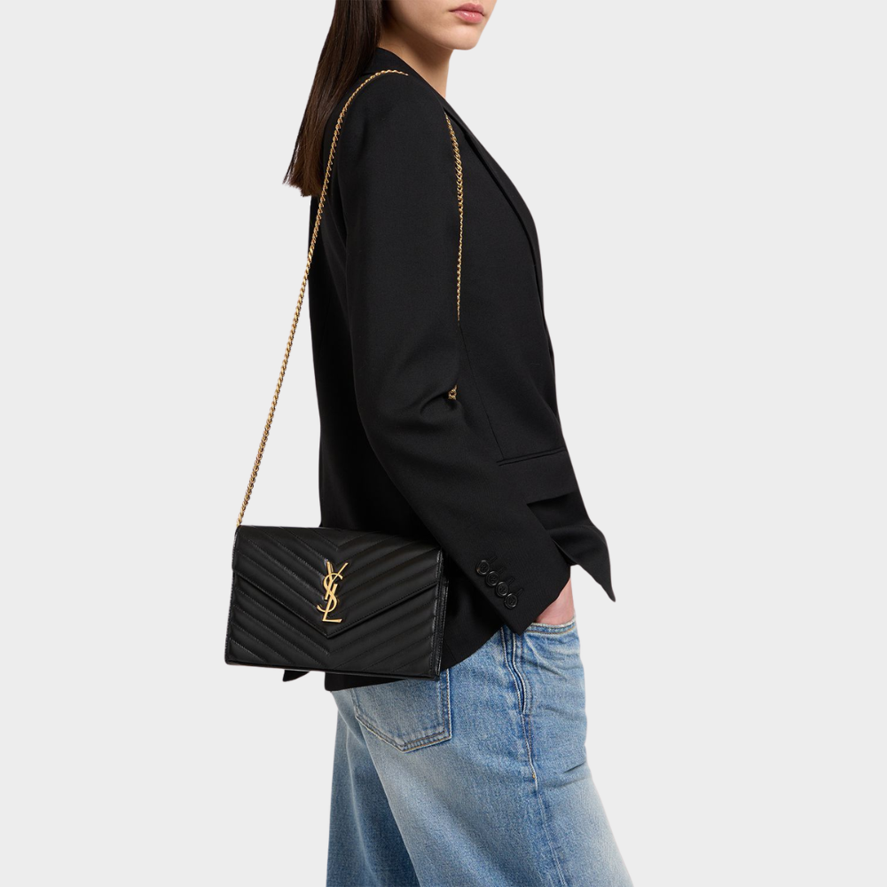 Alternative view of Saint Laurent Cassandre Matelasse Chain Wallet In Grain De Poudre Embossed Black Gold 22Cm 377828BOW011000