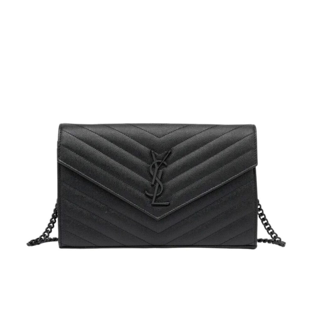 Saint Laurent Cassandre Matelasse Chain Wallet In Grain De Poudre Embossed Black Noir 22Cm 377828BOW081000