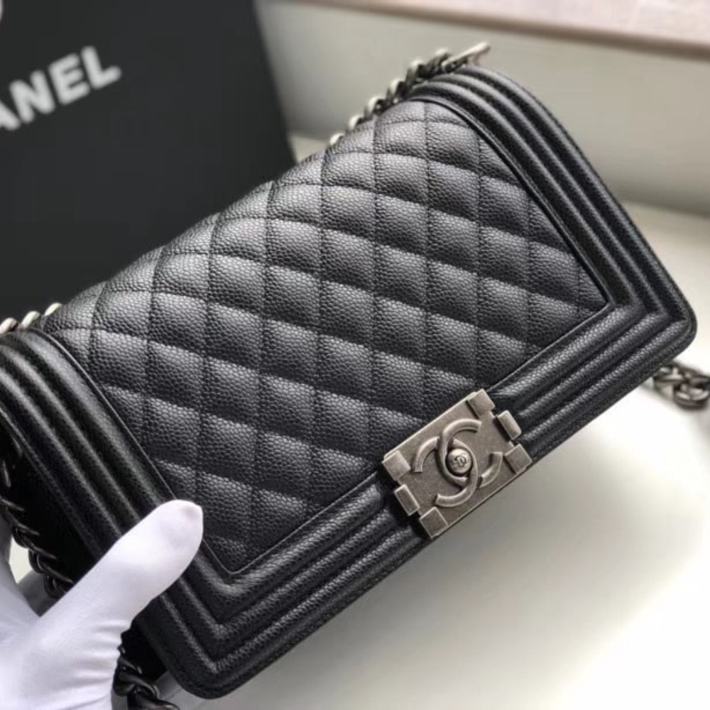 Alternative view of Chanel Boy Medium Handbag Grained Black Silver Hardware 25Cm A67086 Y09953 94305