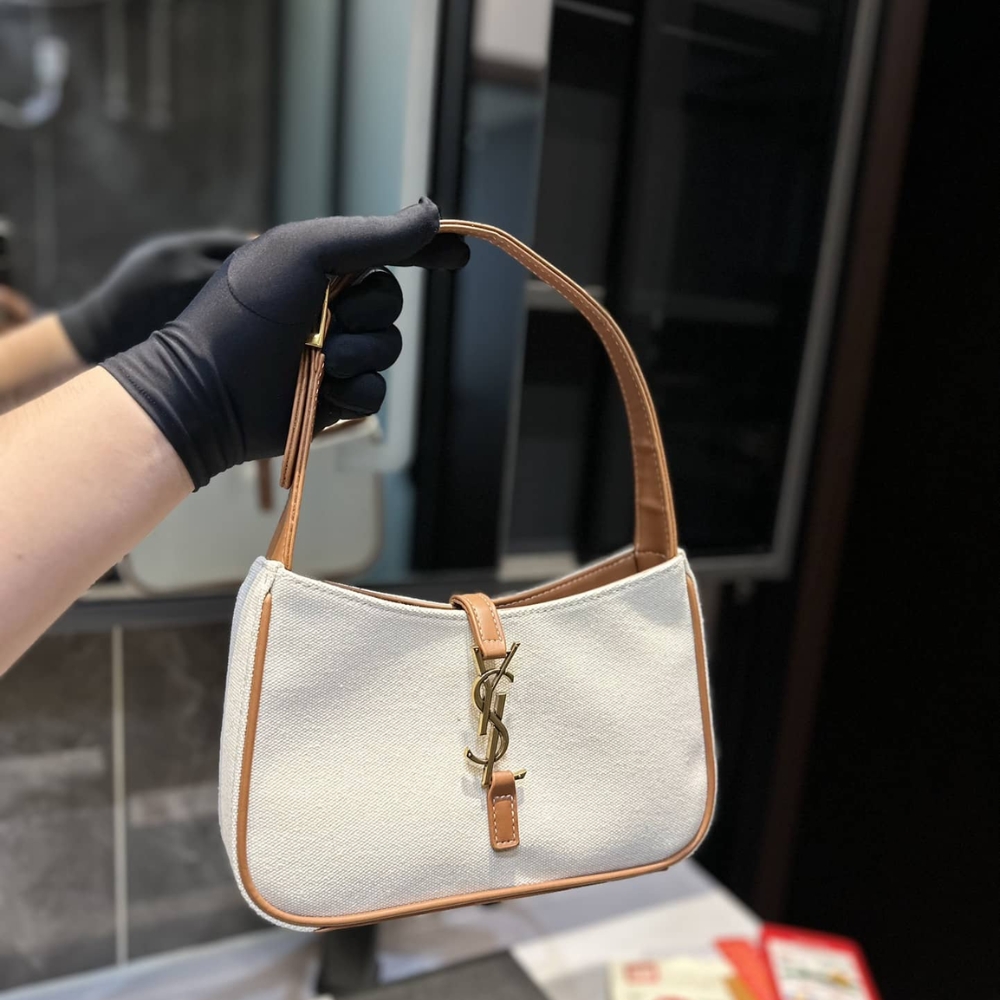 Alternative view of Saint Laurent Le 5 À 7 Linen Canvas Hobo Bag White And Brown 25Cm 657228FAAVH