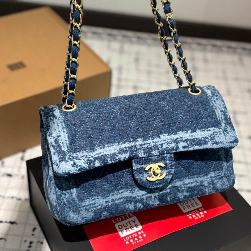 Alternative view of Chanel Classic Double Flap Bag Quilted Printed Denim Medium Blue 25Cm