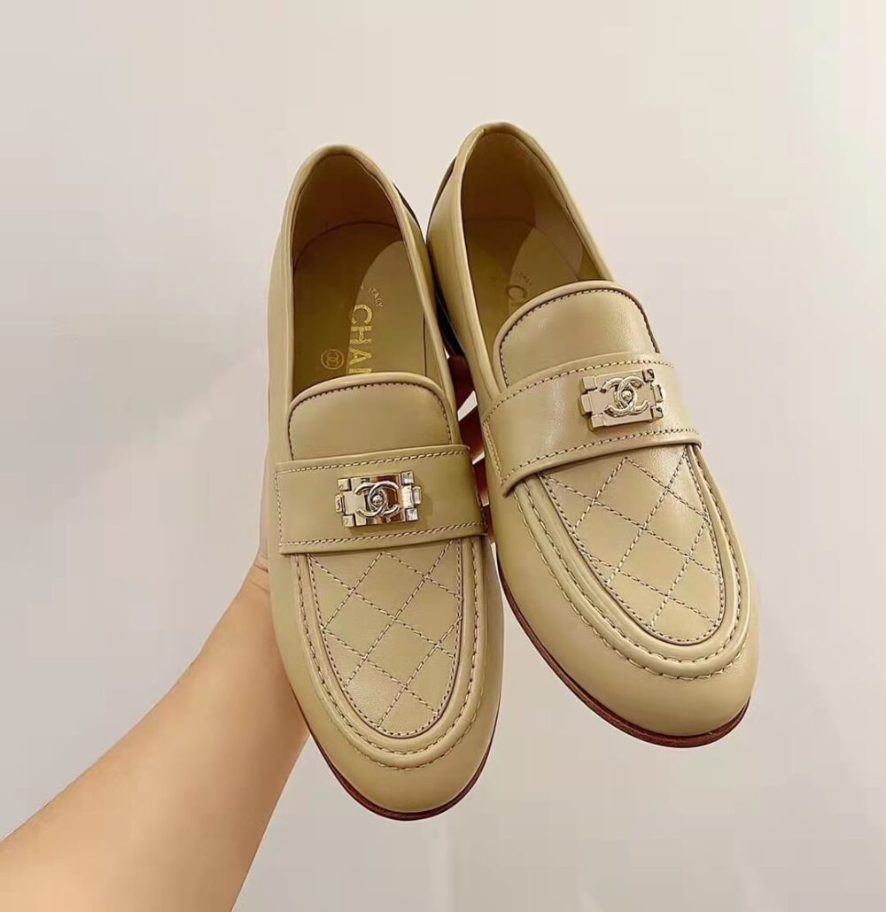 Alternative view of Chanel 20B Quilted Boy Lego Metal Logo Gold Mule Slip On Flat Loafers Beige