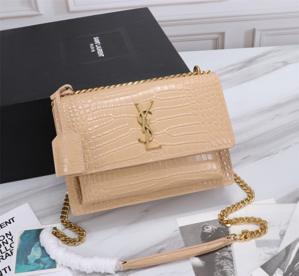 Alternative view of Saint Laurent Sunset Medium Chain Bag In Crocodile-Embossed Shiny Apricot 22Cm 442906DND0N9207