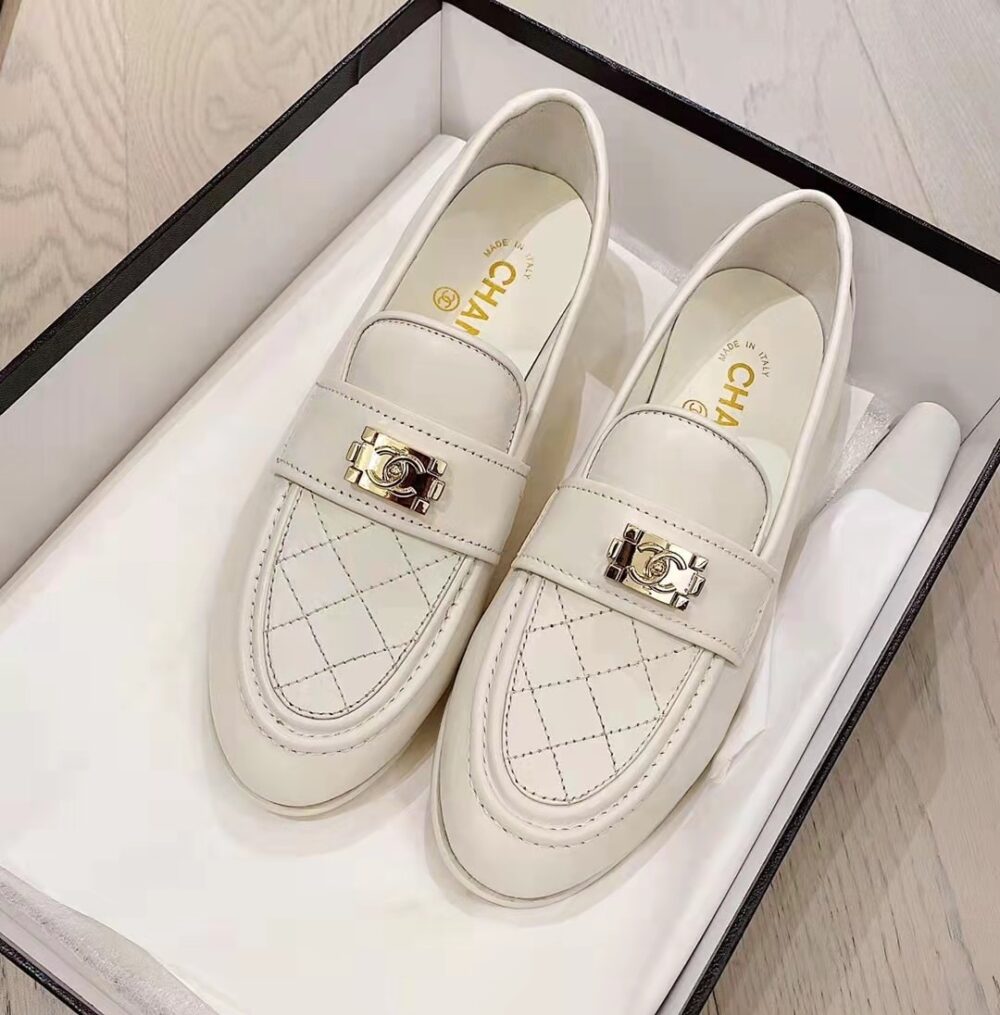Alternative view of Chanel 20B Quilted Boy Lego Metal CC Logo Gold Mule Slip On Flat Loafers White