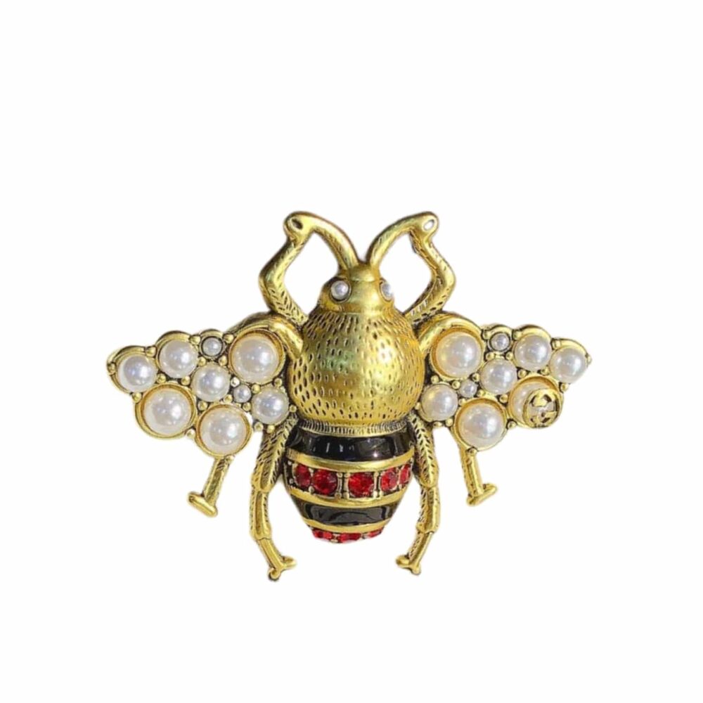 Gucci GG Black And Red Bee Brooch Gold With Pearl