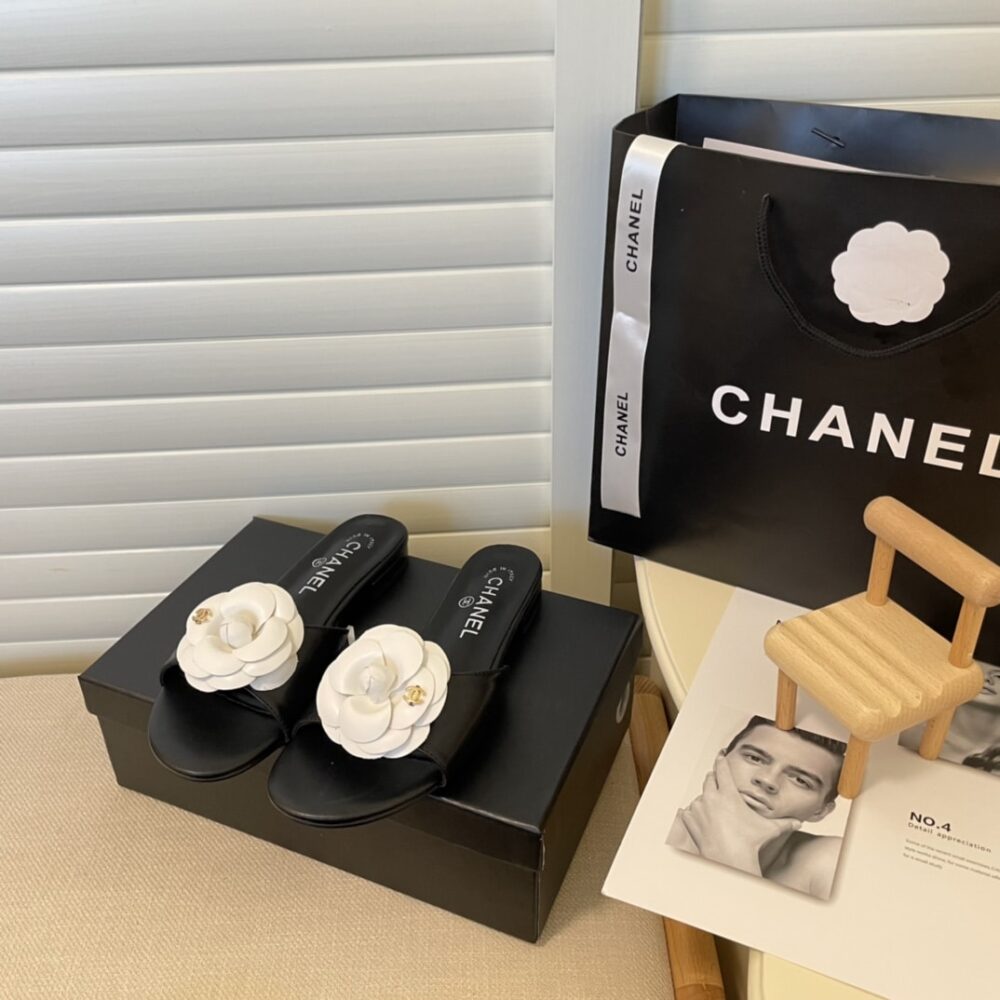 Alternative view of Chanel White Camellia Slides Black