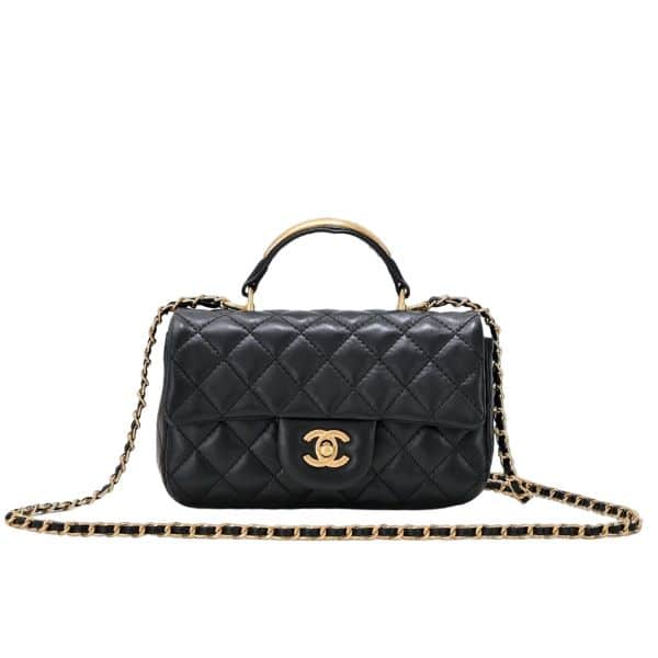 Chanel Mini Flap Bag With Gold Hardware Top Handle Black 21Cm AS2431