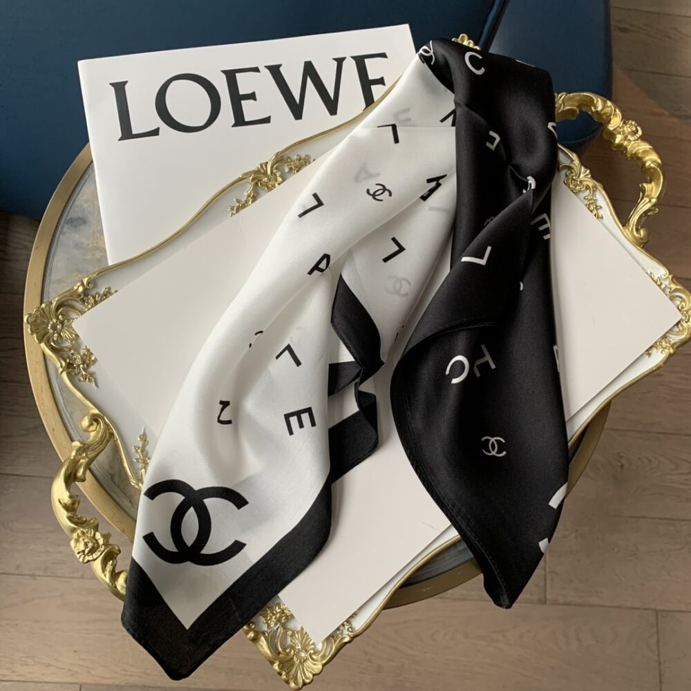Alternative view of Chanel Multi Letters Square Silk Scarf Black White