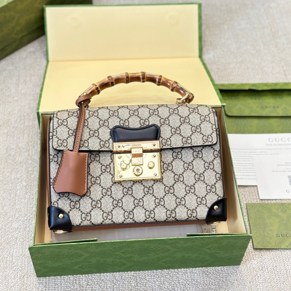Alternative view of Gucci Padlock Bamboo Handle GG Supreme Handbag Brown 25Cm