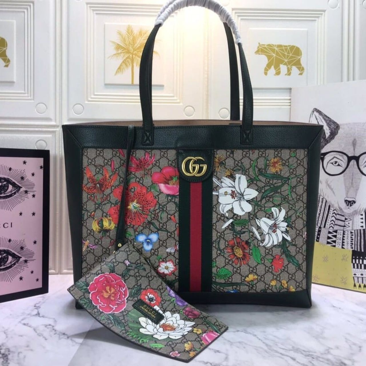 Gucci Ophidia GG Flora Medium Tote Green 44Cm - Image 3