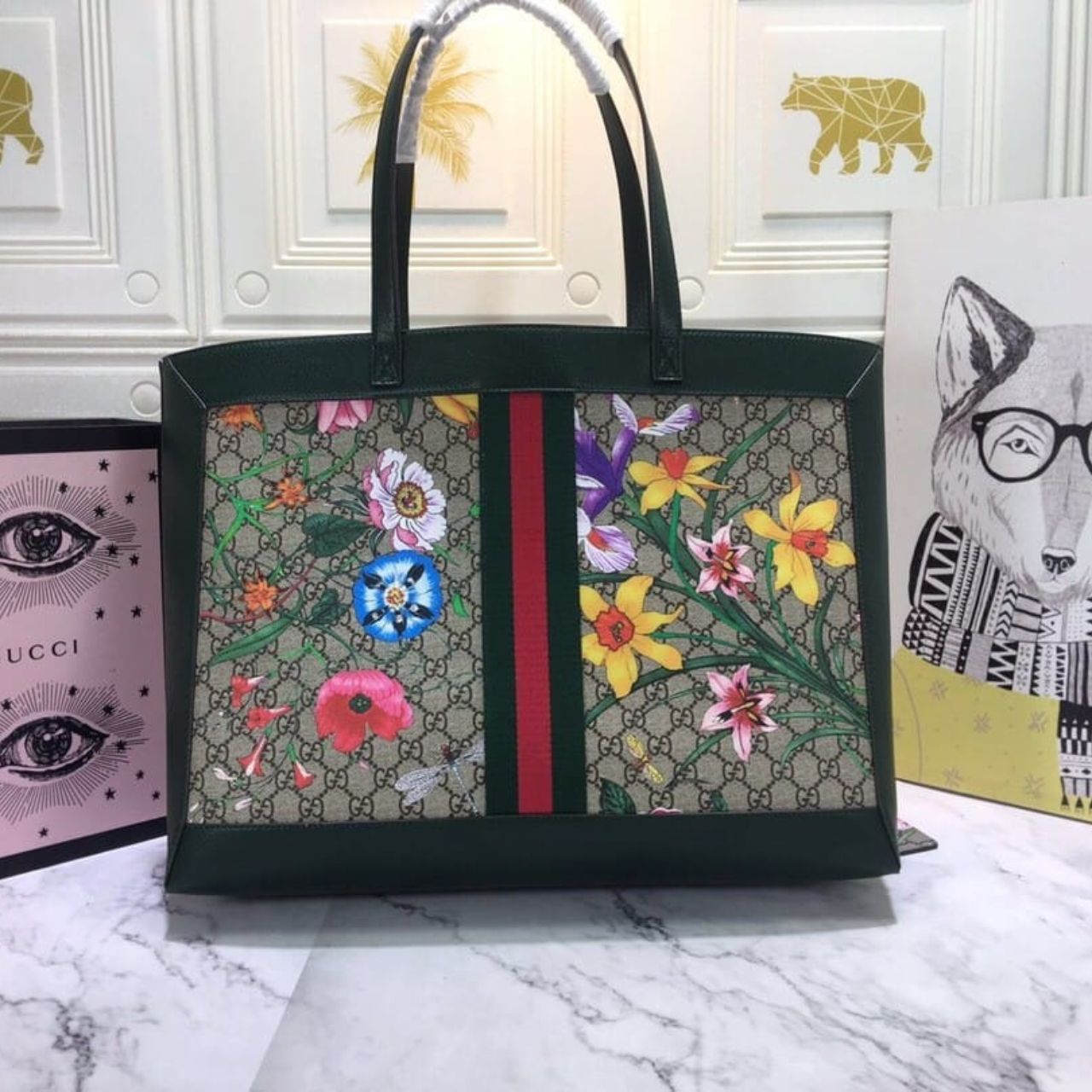 Gucci Ophidia GG Flora Medium Tote Green 44Cm - Image 4