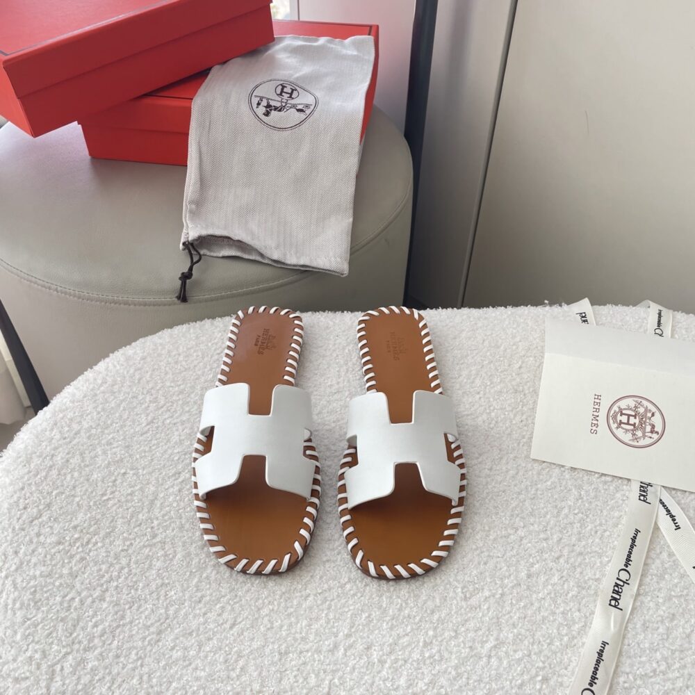 Alternative view of Hermes Oran Sandals Stitching In Brown And White