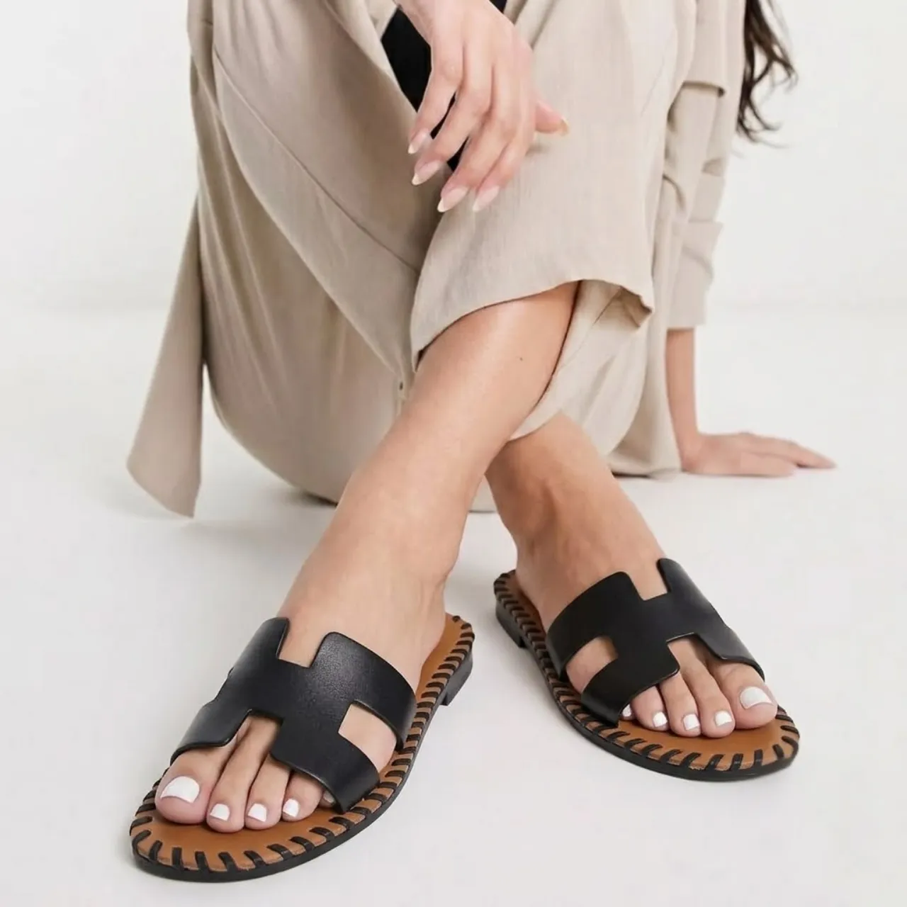 Hermes Oran Sandals Stitching In Black And Brown - Image 2