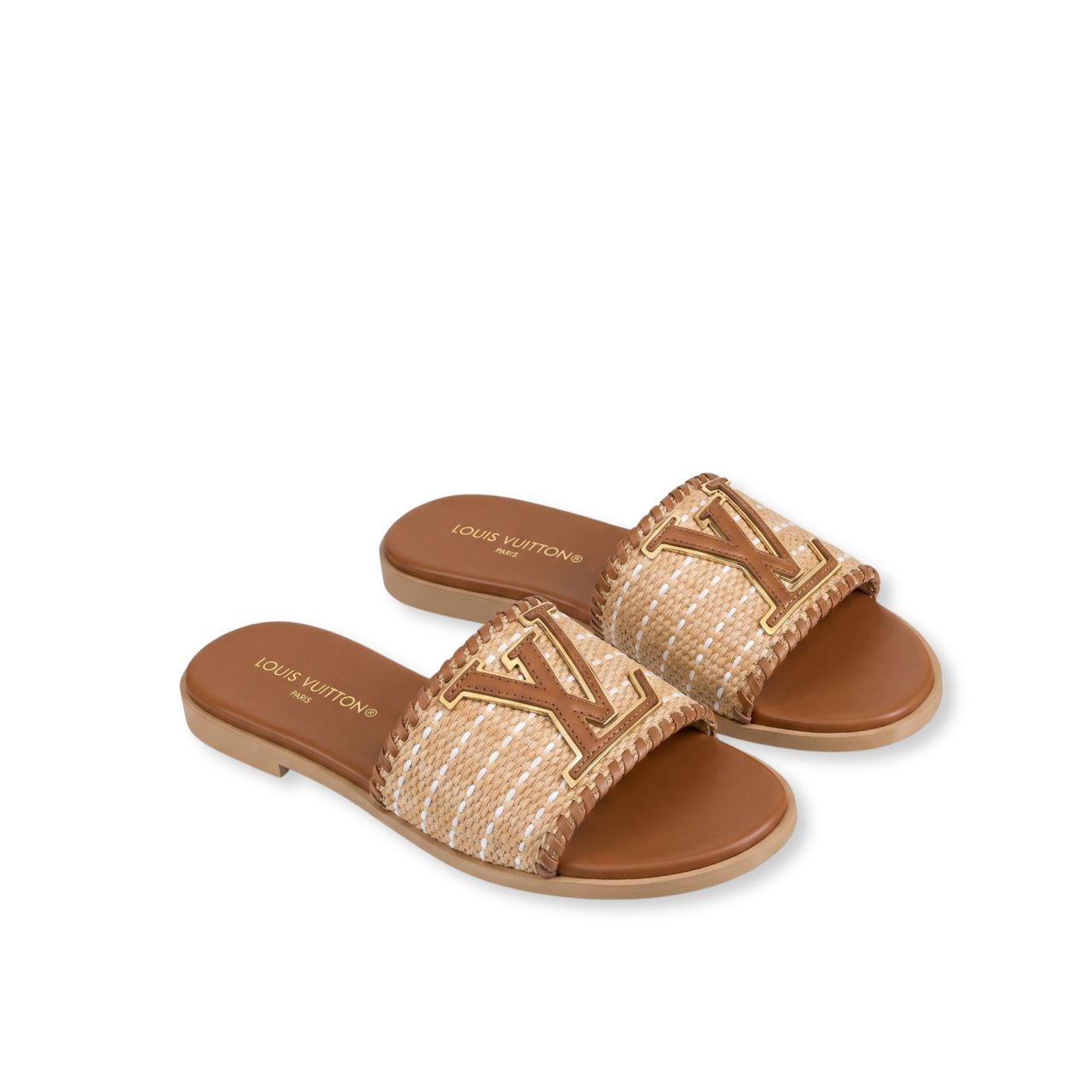 Louis Vuitton Lock It Flat Raffia Mules Brown