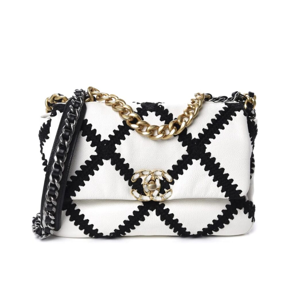 Chanel 19 Flap Bag Crochet Gold And Silver Tone White Black 24Cm AS1160 B04824 C0200