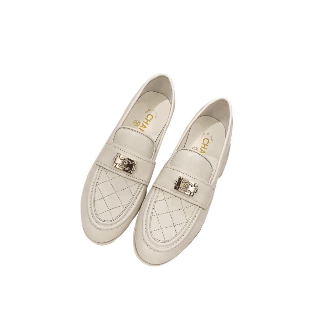 Chanel 20B Quilted Boy Lego Metal CC Logo Gold Mule Slip On Flat Loafers White
