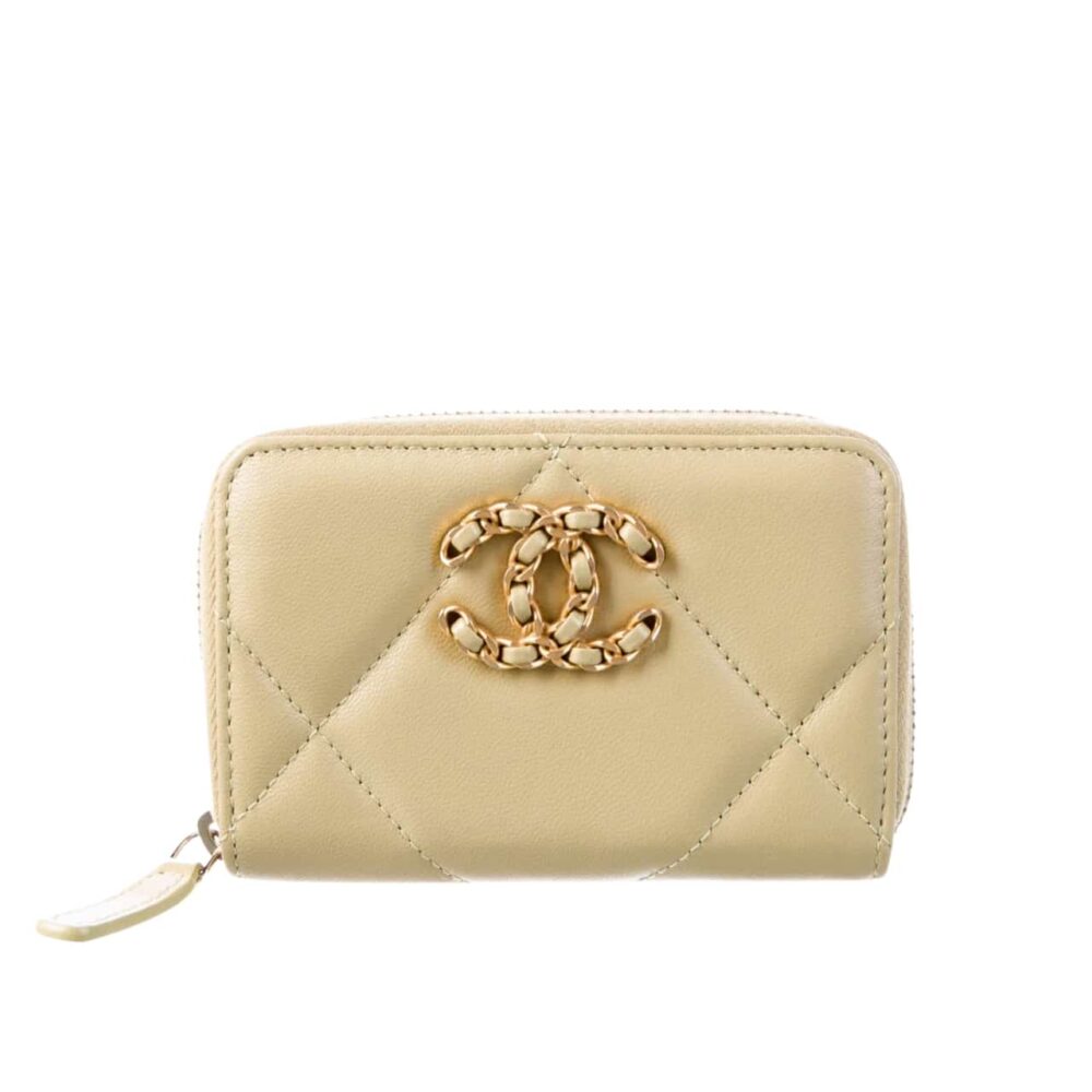 Chanel 19 Card Holder With Zipper Leather Beige Wallet 10Cm