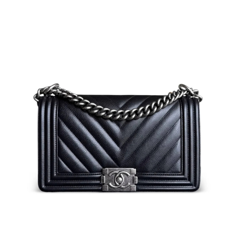 Chanel Boy Caviar Chevron Quilted Flap Bag Black 25Cm