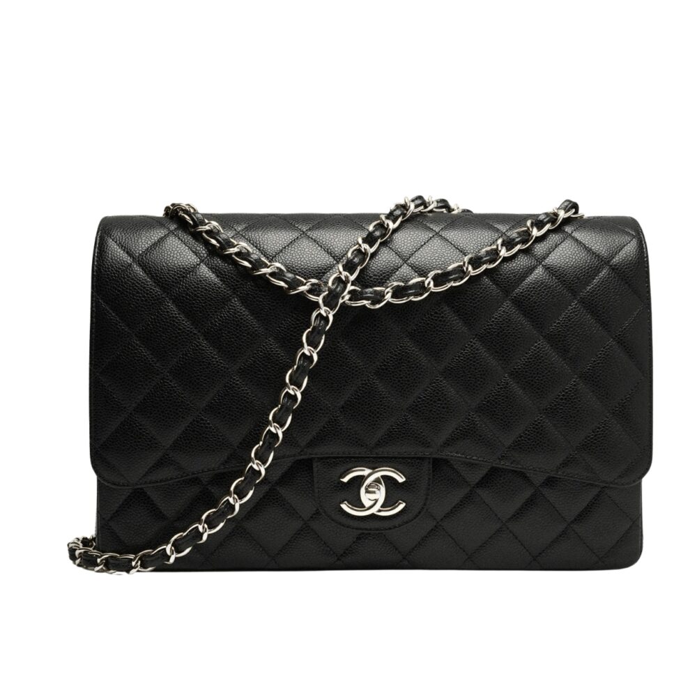 Chanel Maxi Classic Handbag Silver Hardware Black 33Cm