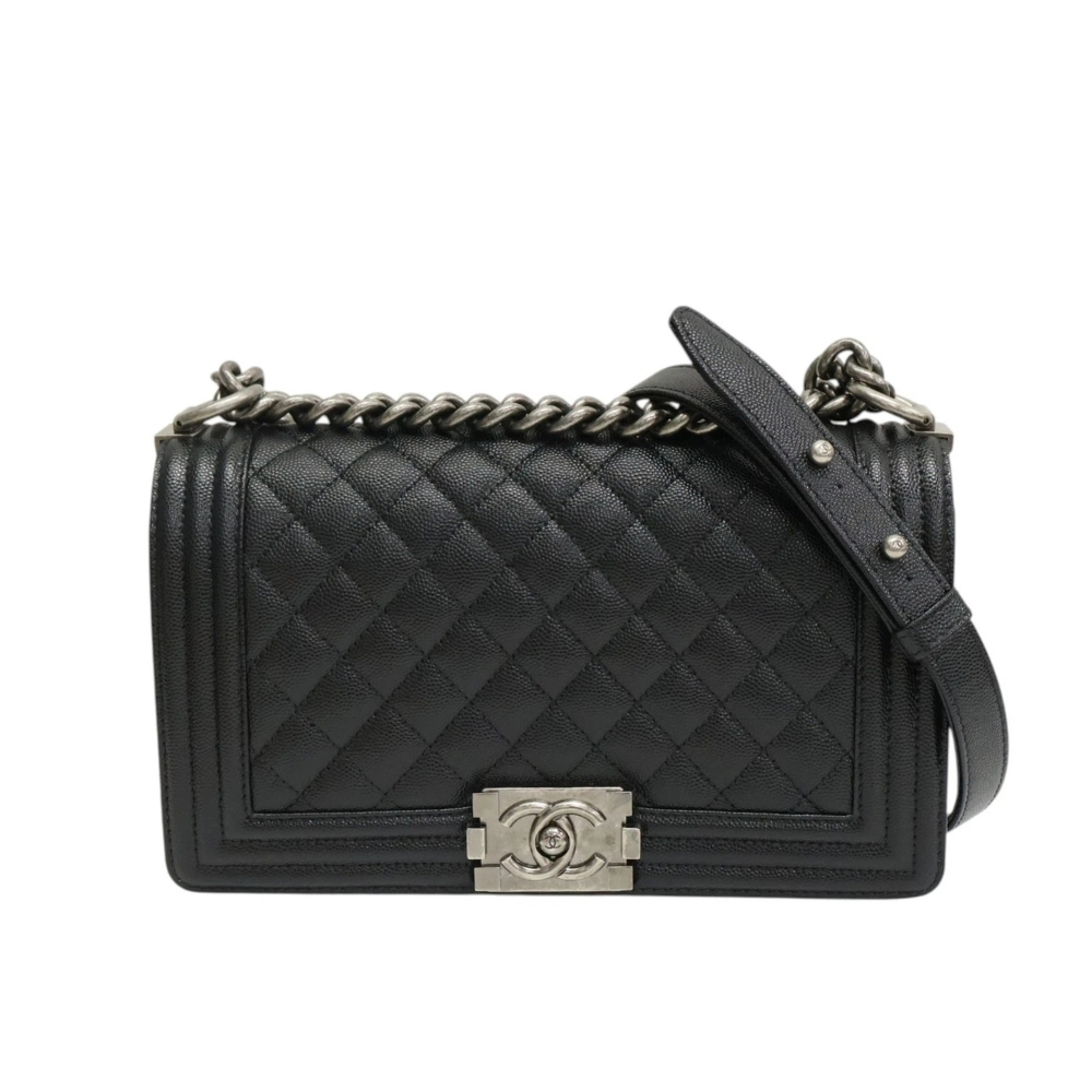 Chanel Boy Medium Handbag Grained Black Silver Hardware 25Cm A67086 Y09953 94305