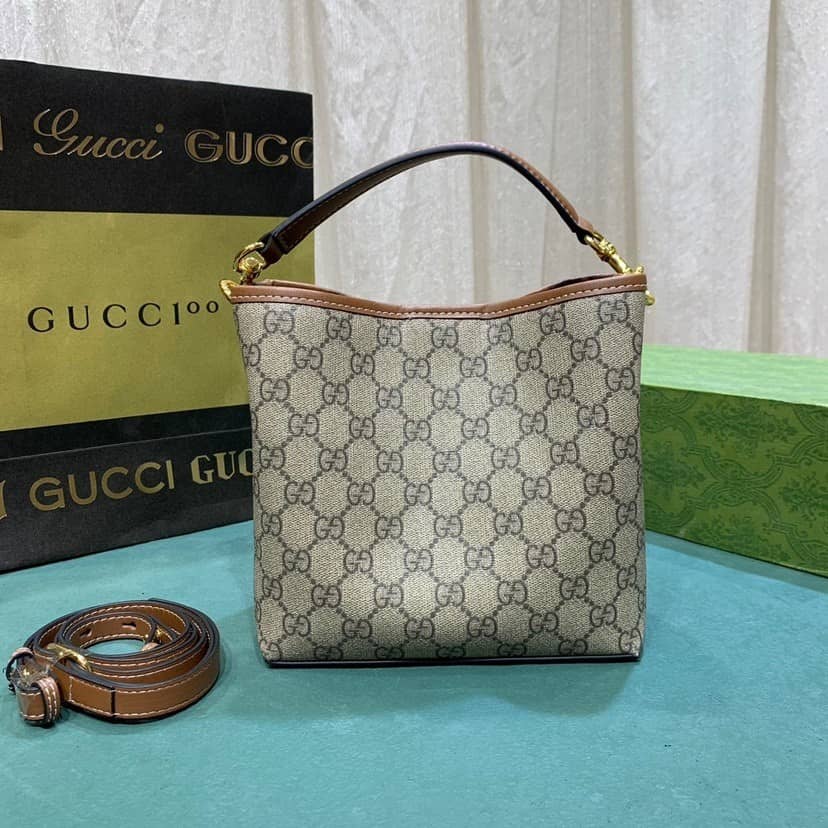 Alternative view of Gucci GG Emblem Mini Bucket Bag Beige And Dark Brown ‎21Cm 815118 FAD6L 9758