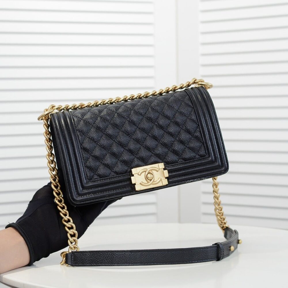 Alternative view of Chanel Boy Medium Handbag Grained And Gold Tone Metal Black 25Cm