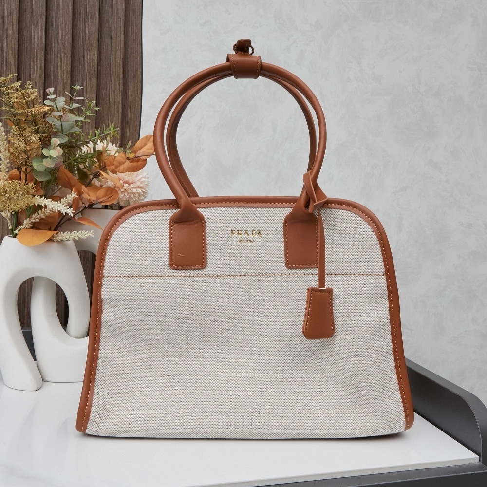 Alternative view of Prada Medium Blend And Leather Tote Bag Tan And Caramel 33Cm 1BG572 2HJA F0KFZ V OOZ