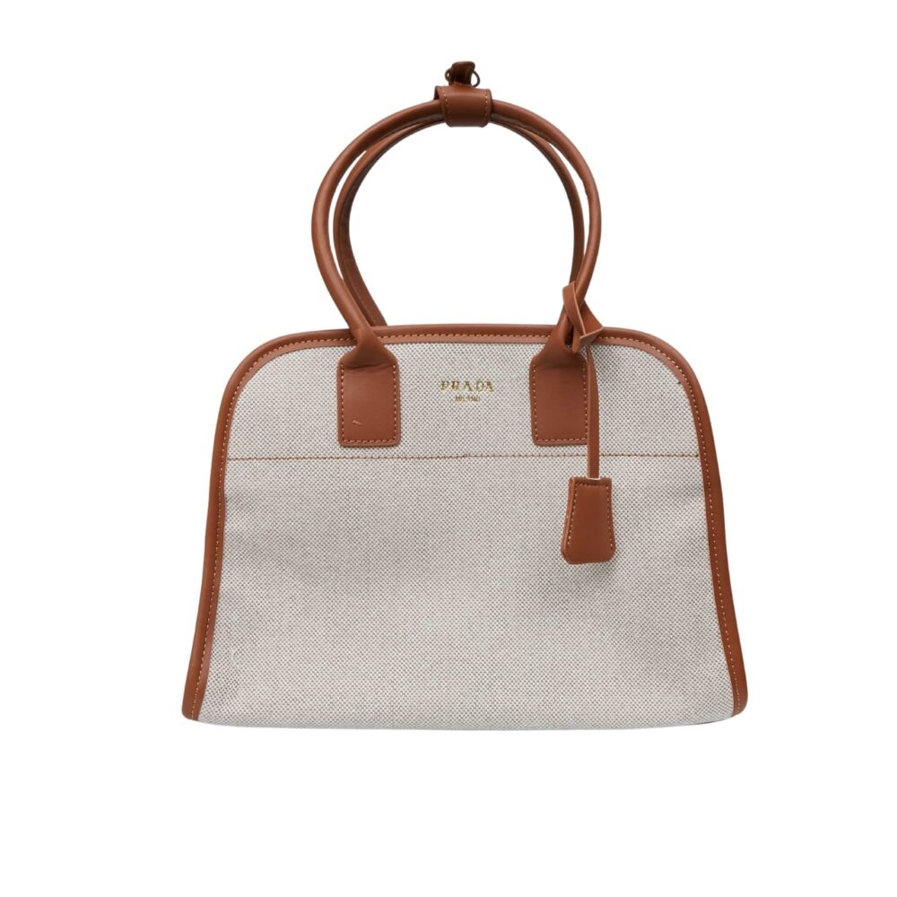 Prada Medium Blend And Leather Tote Bag Tan And Caramel 33Cm 1BG572 2HJA F0KFZ V OOZ