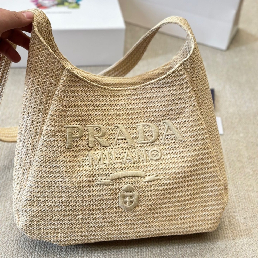 Alternative view of Prada Logo Embossed Raffia Shoulder Bag Beige 33Cm 1BC186VOUO2A2T