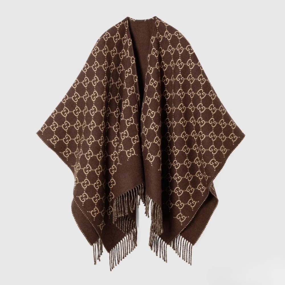 Alternative view of Gucci GG Wool Jacquard Cape Brown And Beige 140Cm 817831 3G200 2579