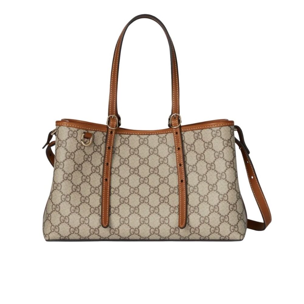 Gucci GG Emblem Medium Tote Bag Beige And Dark Brown Fabric 30Cm 815214 FAD6L 9758