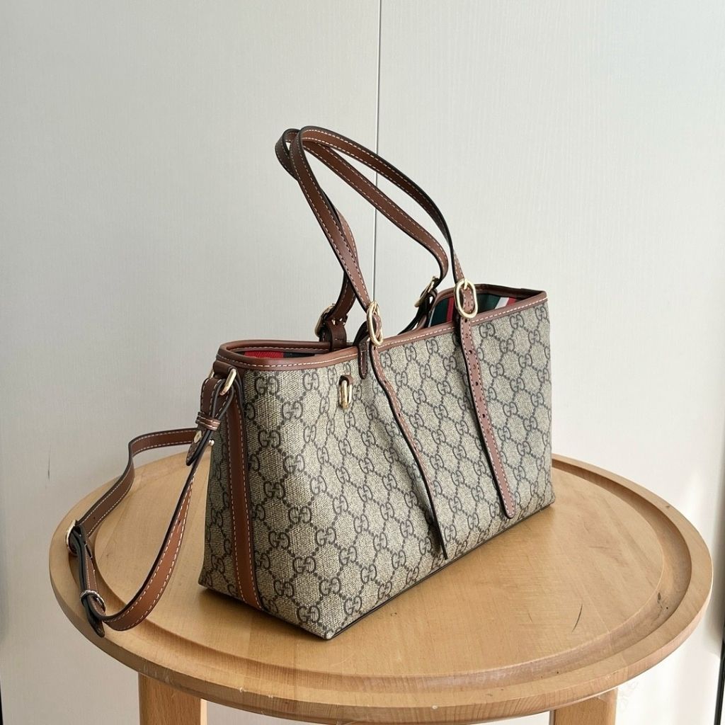 Gucci GG Emblem Medium Tote Bag Beige And Dark Brown Fabric 30Cm 815214 FAD6L 9758 - Image 3