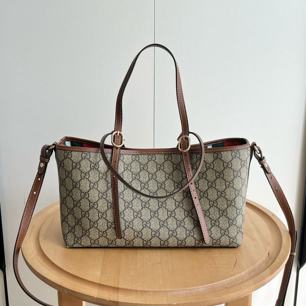 Gucci GG Emblem Medium Tote Bag Beige And Dark Brown Fabric 30Cm 815214 FAD6L 9758 - Image 5