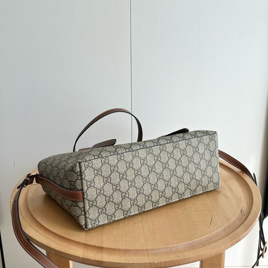 Gucci GG Emblem Medium Tote Bag Beige And Dark Brown Fabric 30Cm 815214 FAD6L 9758 - Image 4
