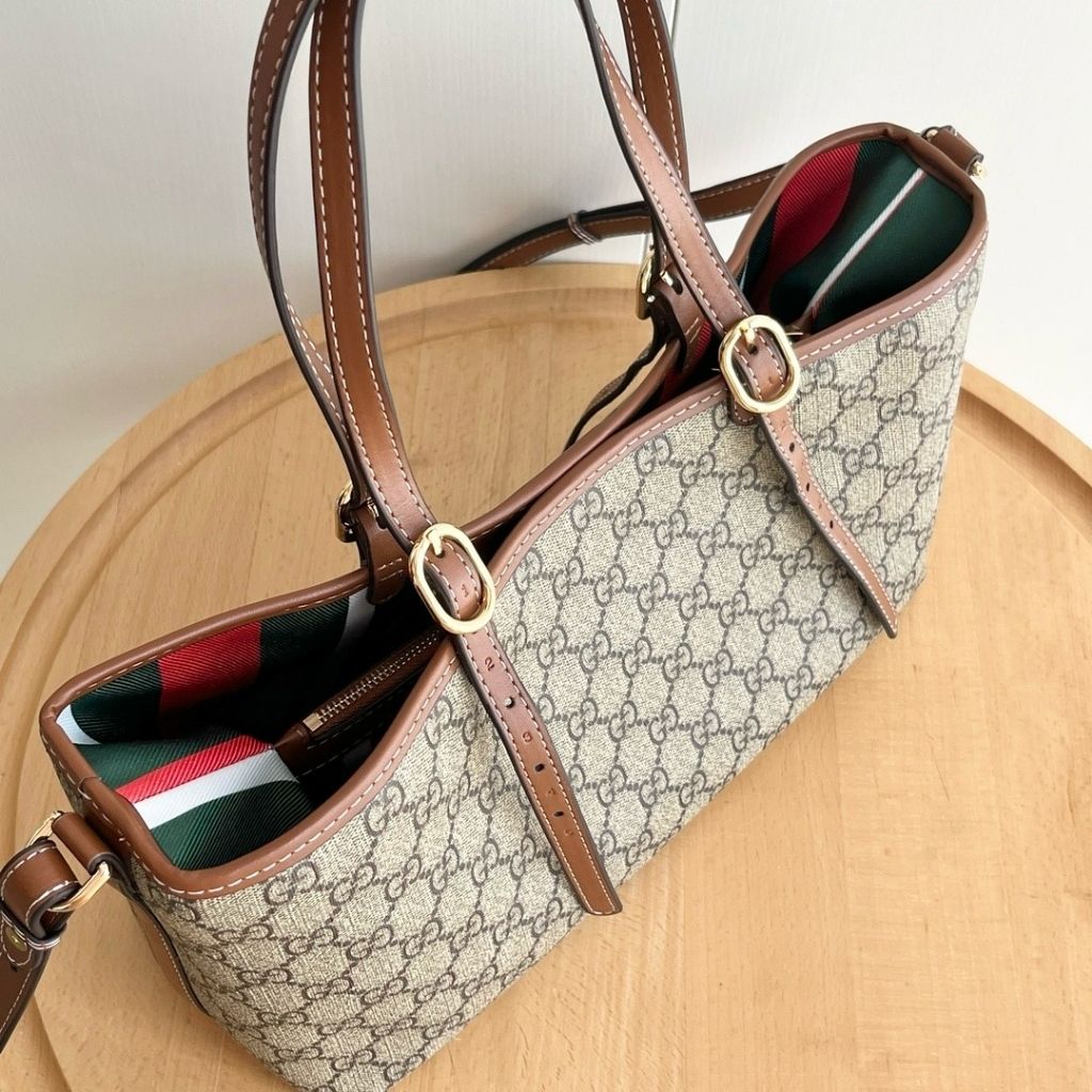 Gucci GG Emblem Medium Tote Bag Beige And Dark Brown Fabric 30Cm 815214 FAD6L 9758 - Image 6