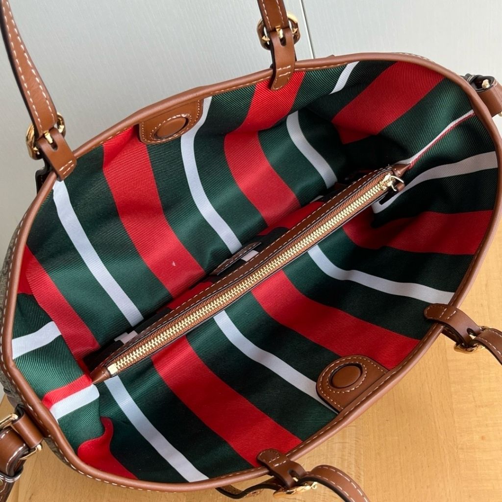 Gucci GG Emblem Medium Tote Bag Beige And Dark Brown Fabric 30Cm 815214 FAD6L 9758 - Image 7