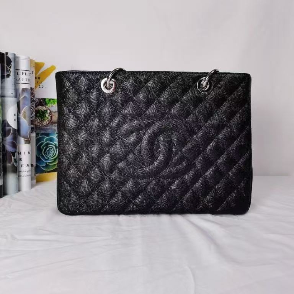 Alternative view of Chanel Grand Shopping Tote Bag Black Caviar Silver Tone Chain 34Cm
