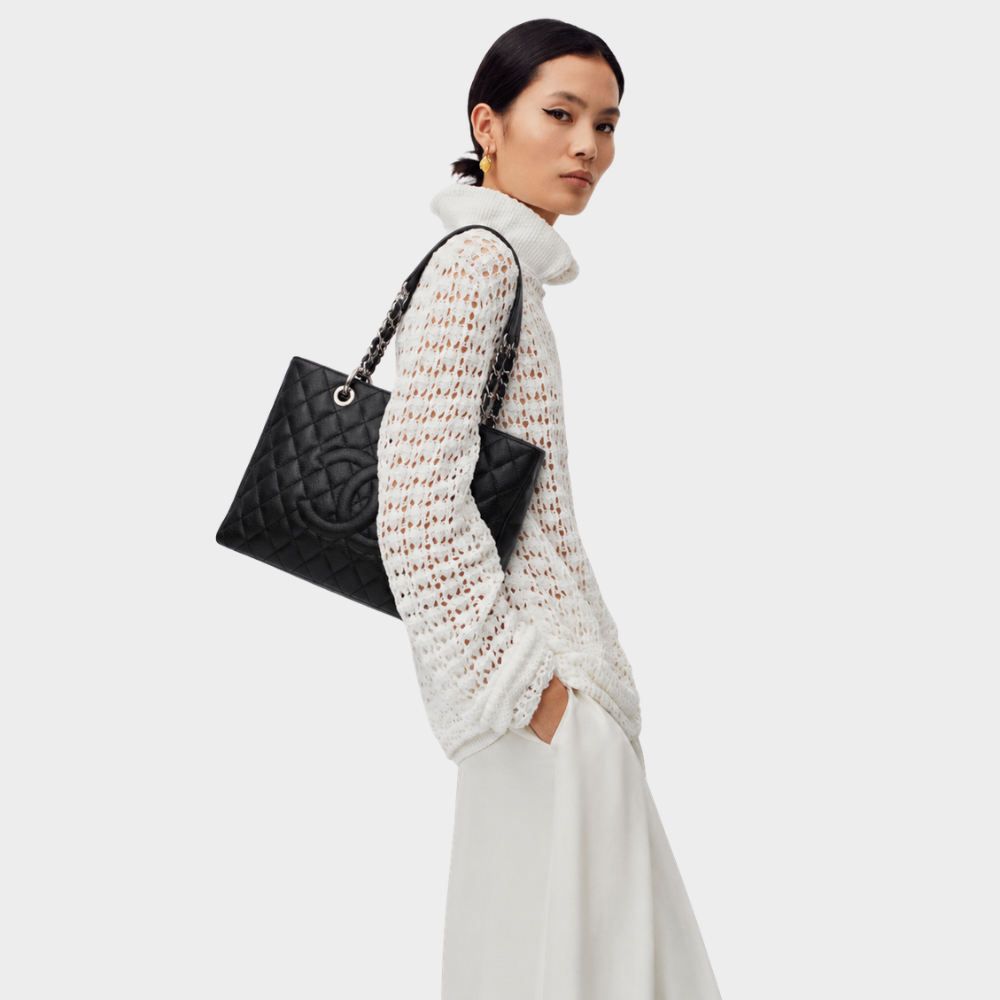 Alternative view of Chanel Grand Shopping Tote Bag Black Caviar Silver Tone Chain 34Cm