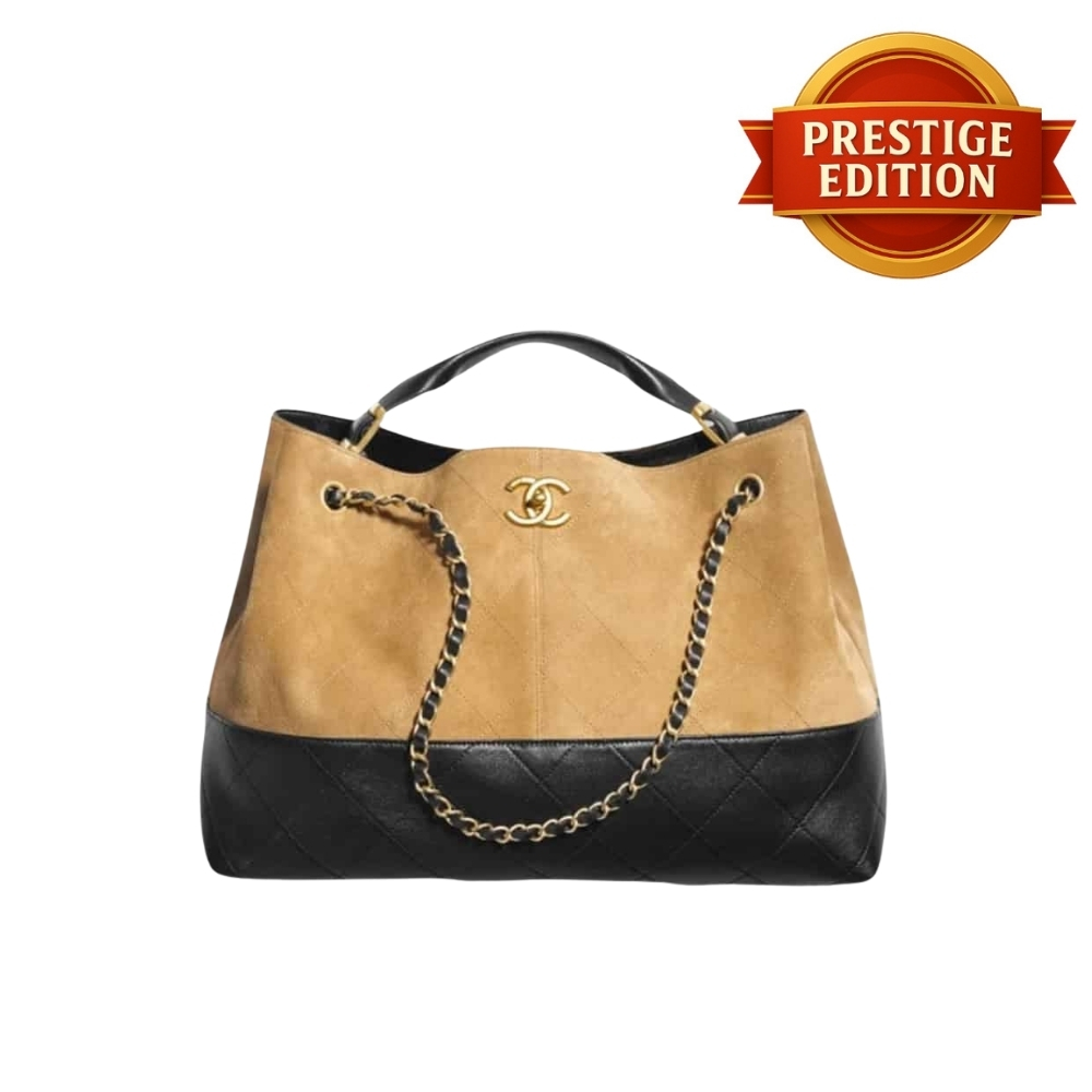Prestige Edition - Chanel Shopping Bag Gold Tone Mental Beige And Black 36Cm AS5657 B20827 U1536