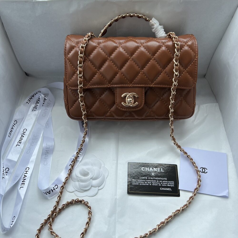 Alternative view of Chanel Classic Flap Bag With Top Handle Quilted Brown Gold Hardware 21Cm