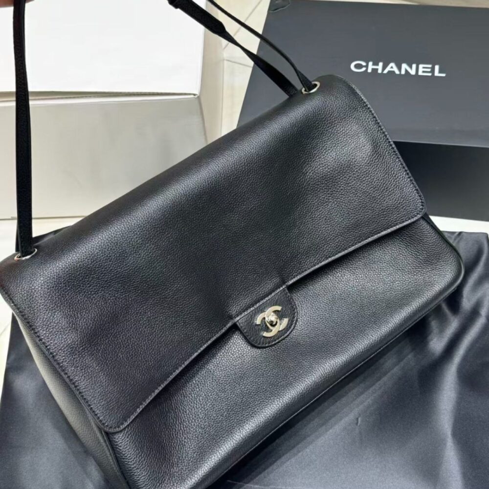 Alternative view of Chanel Maxi Flap Bag Grained Leather Silver-Tone Metal Dark Black 38cm