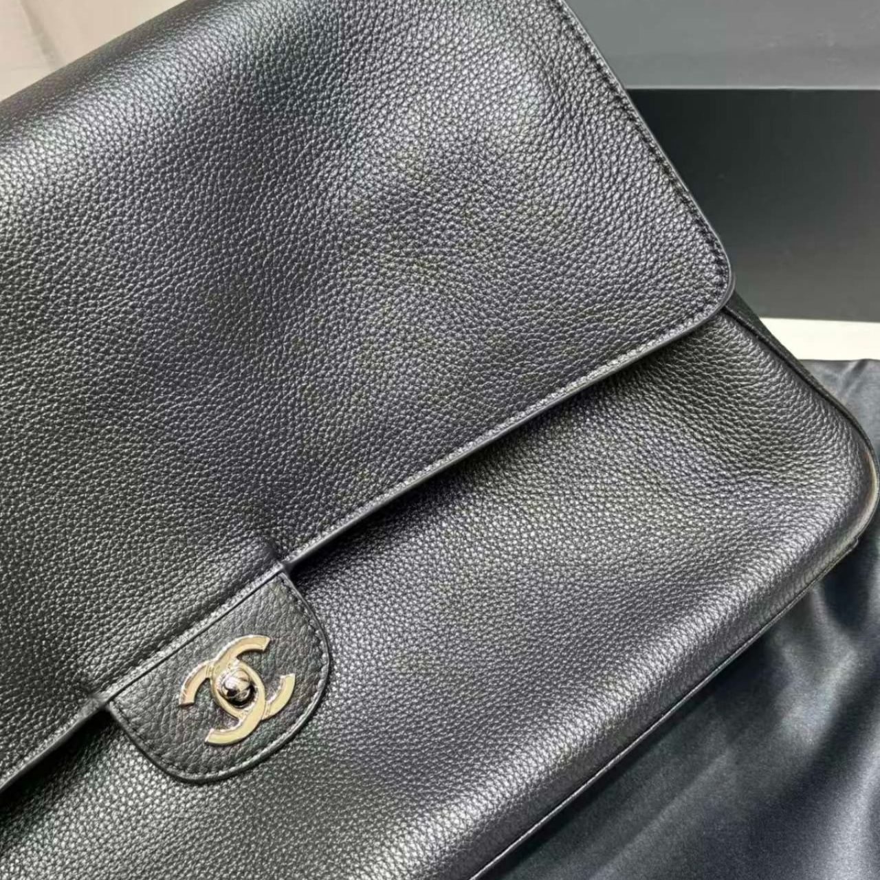 Chanel Maxi Flap Bag Grained Leather Silver-Tone Metal Dark Black 38cm - Image 13