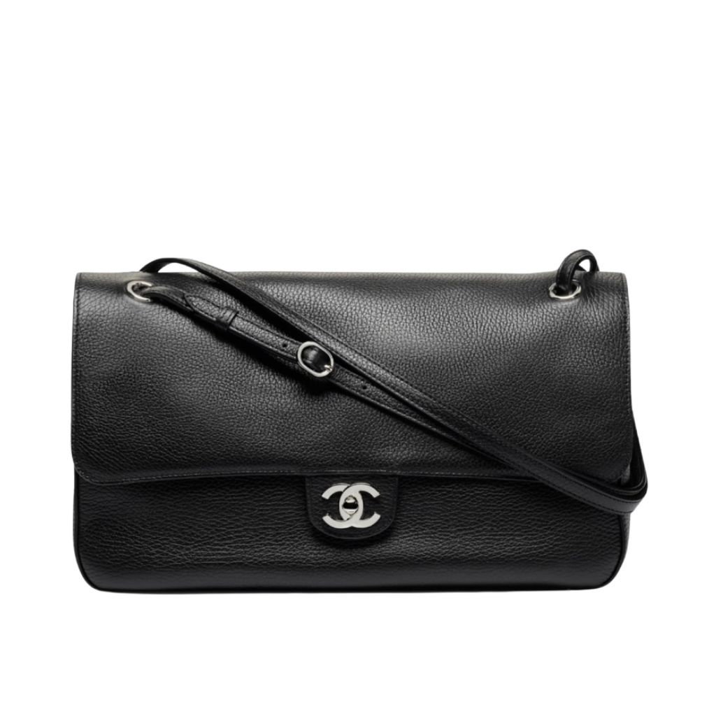 Chanel Maxi Flap Bag Grained Leather Silver-Tone Metal Dark Black 38cm