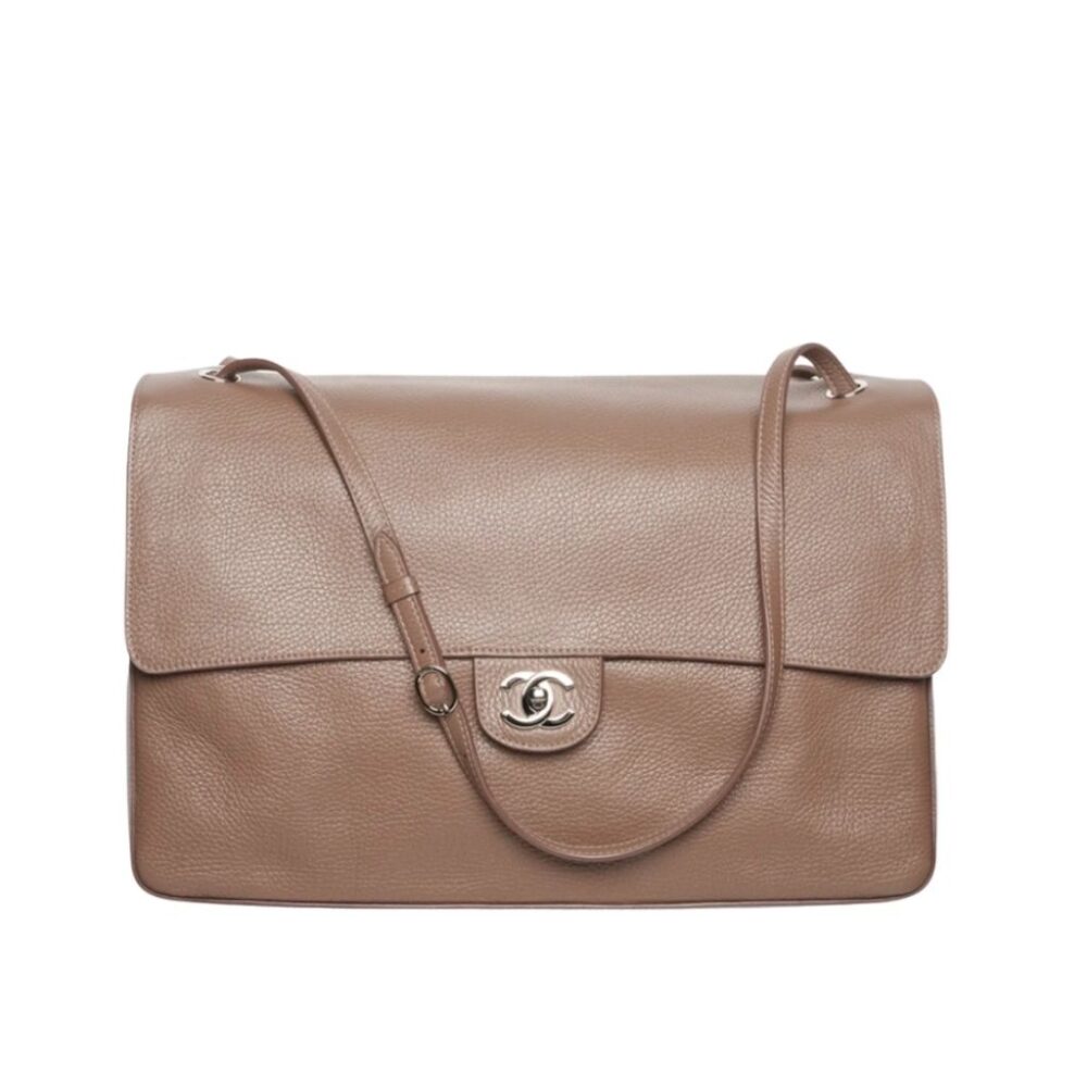 Chanel Maxi Flap Bag Grained Leather Silver-Tone Metal Dark Brown 38cm