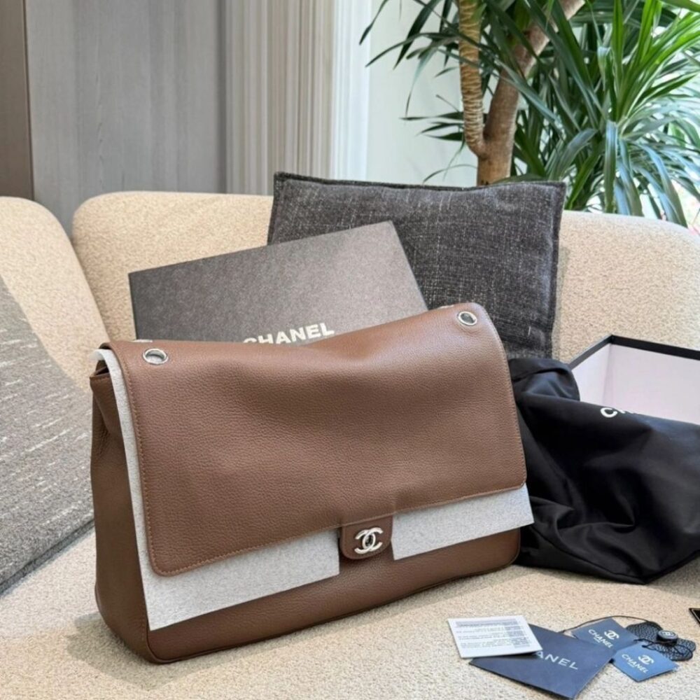 Alternative view of Chanel Maxi Flap Bag Grained Leather Silver-Tone Metal Dark Brown 38cm